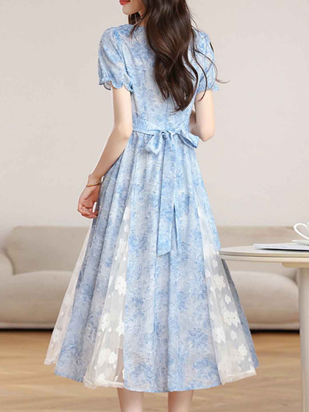 Emma Elegant Square Neck Jacquard Waisted Dress