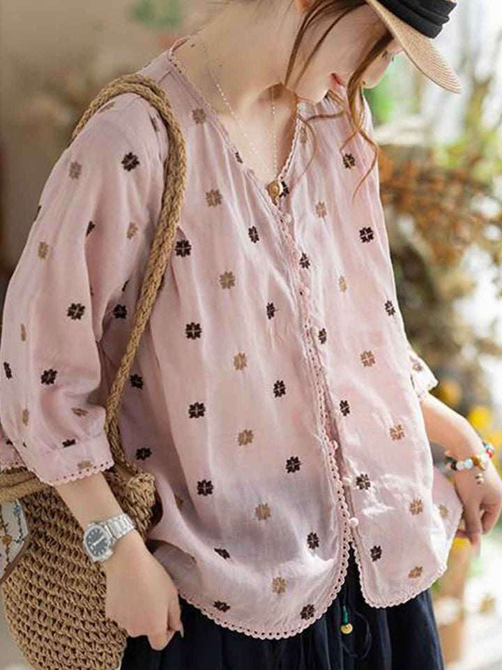 Alexis Loose V-Neck Embroidered Patchwork Blouse