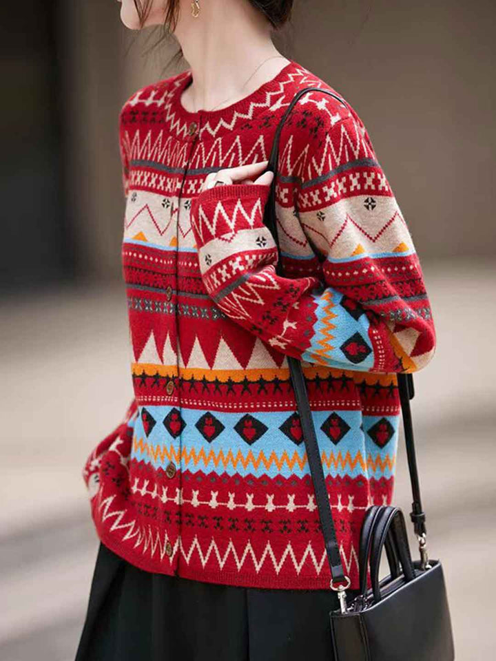 Sofia Classic Crew Neck Jacquard Knitted Cardigan