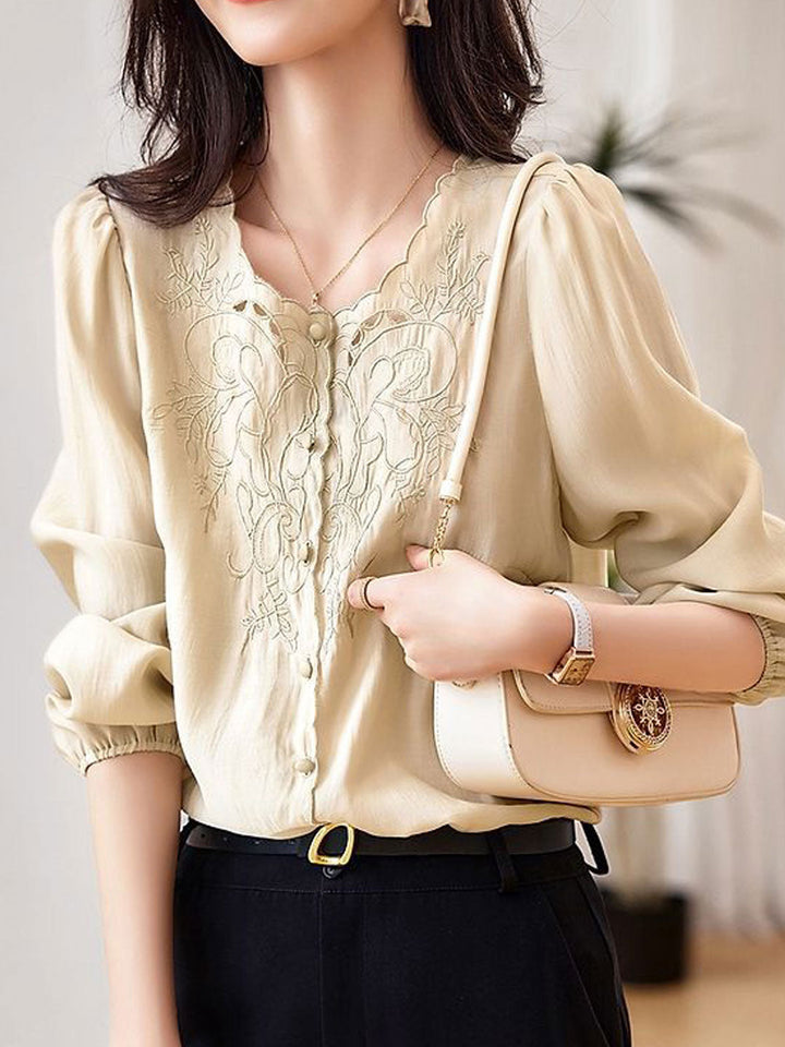 Jocelyn Elegant Embroidered Lantern Sleeve Shirt-Khaki