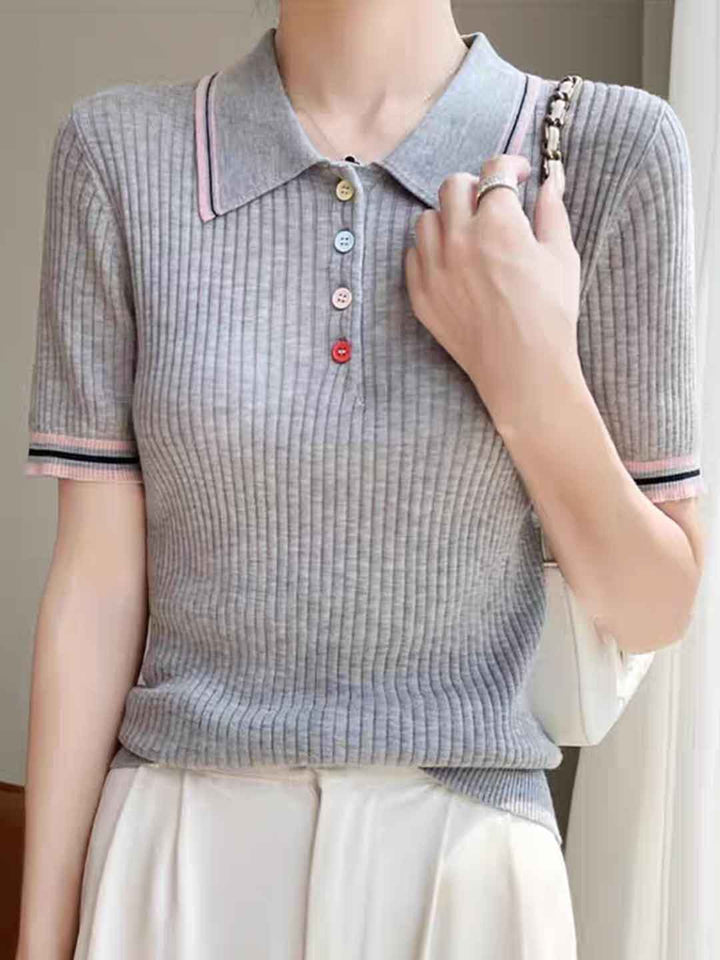 Leah Classic Lapel Colorful Button Knitted Top