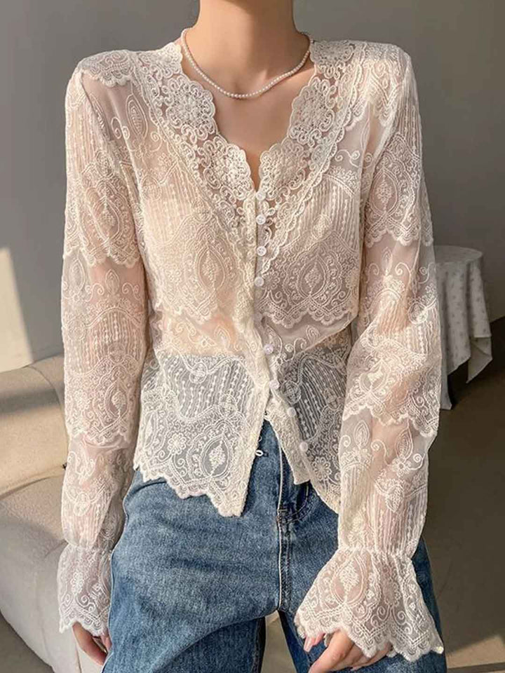 Hannah Slim V-Neck Hollowed Lace Top