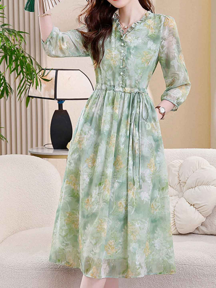 Natalie Vacation Auricular Collar Jacquard Drawstring Dress