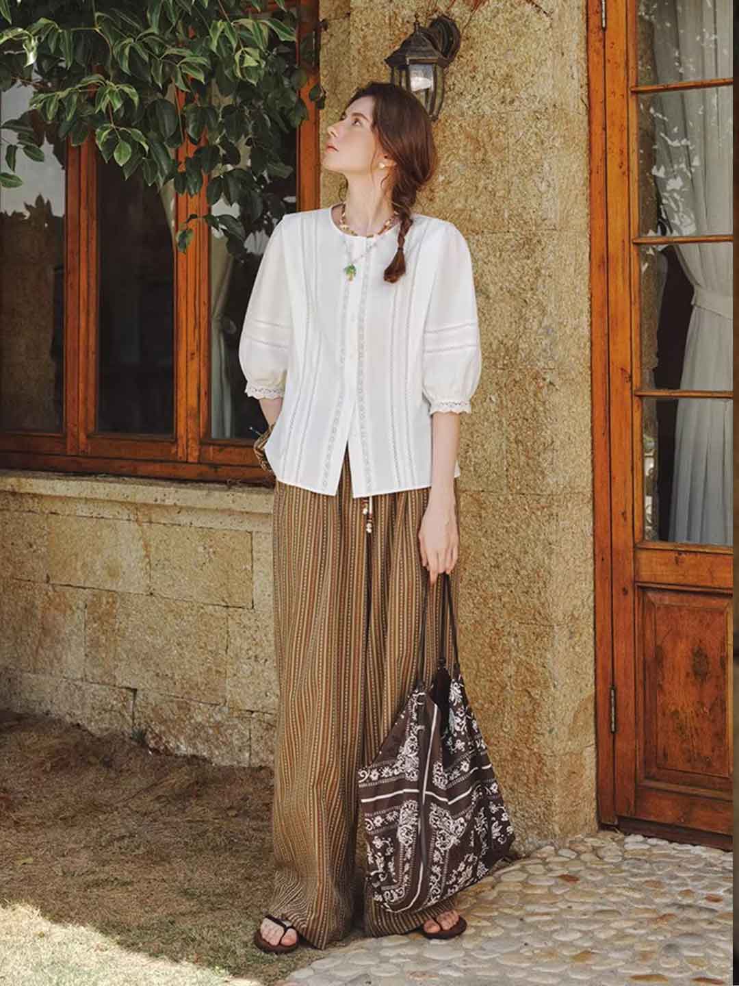 Riley Classic Crew Neck Lantern Sleeve Hollowed Lace Top