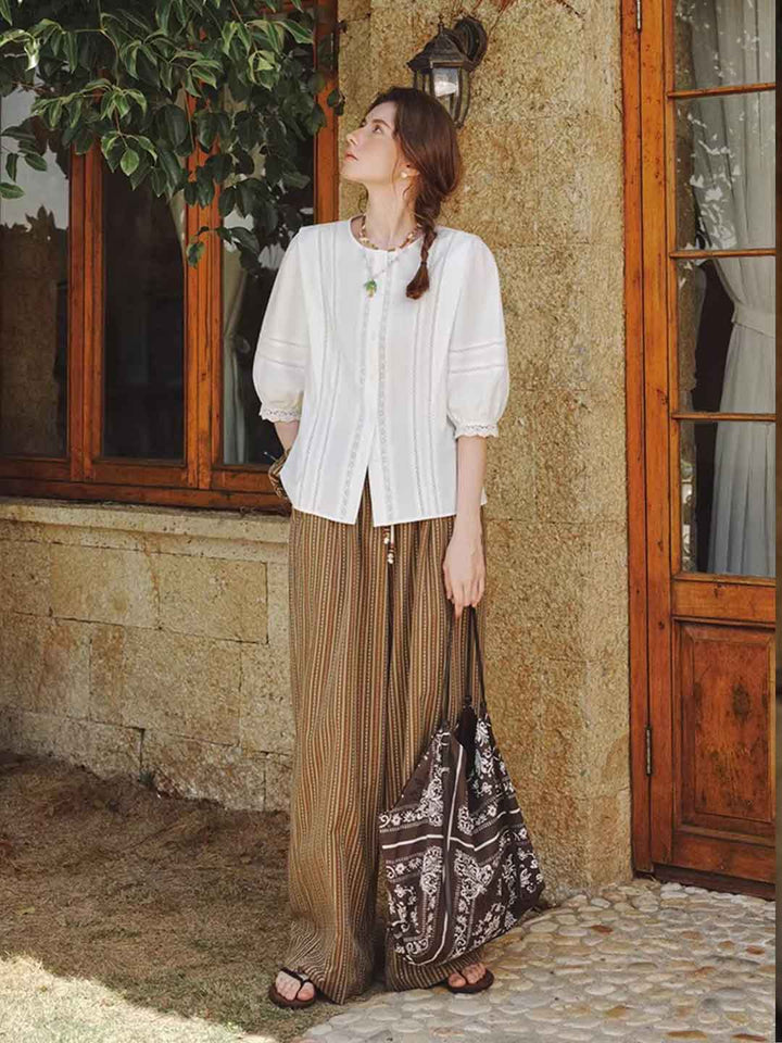 Riley Classic Crew Neck Lantern Sleeve Hollowed Lace Top