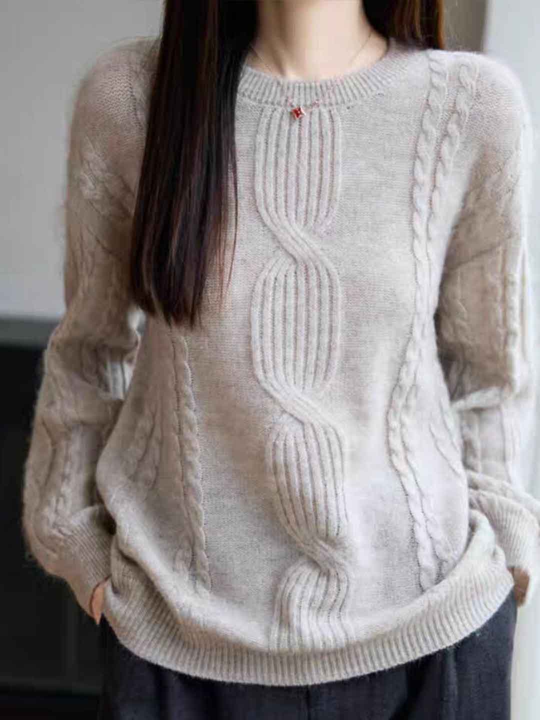 Ariana Casual Crew Neck Cable Knitted Pullover Sweater-White