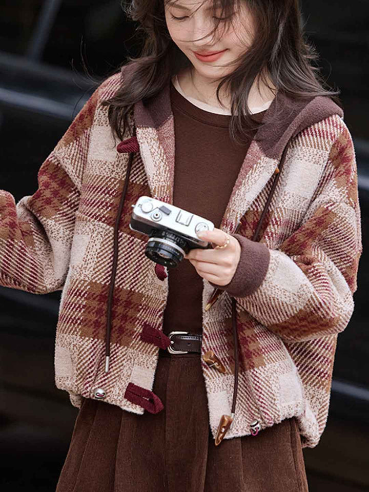 Brianna Casual Color-Blocked Plaid Hooded Top