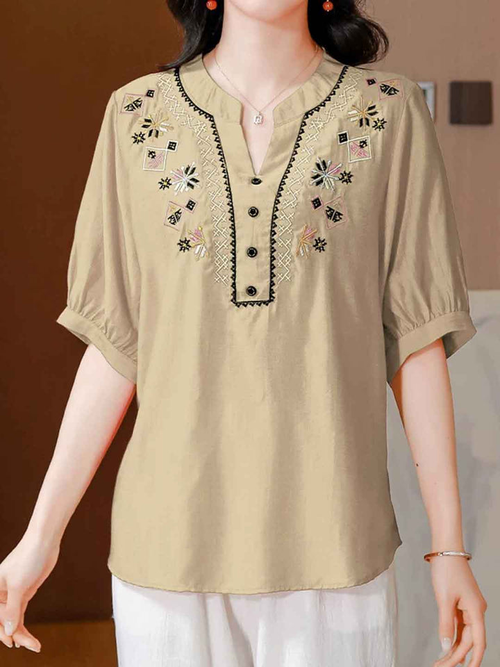 Hailey Loose V-Neck Puff Sleeve Embroidered Top