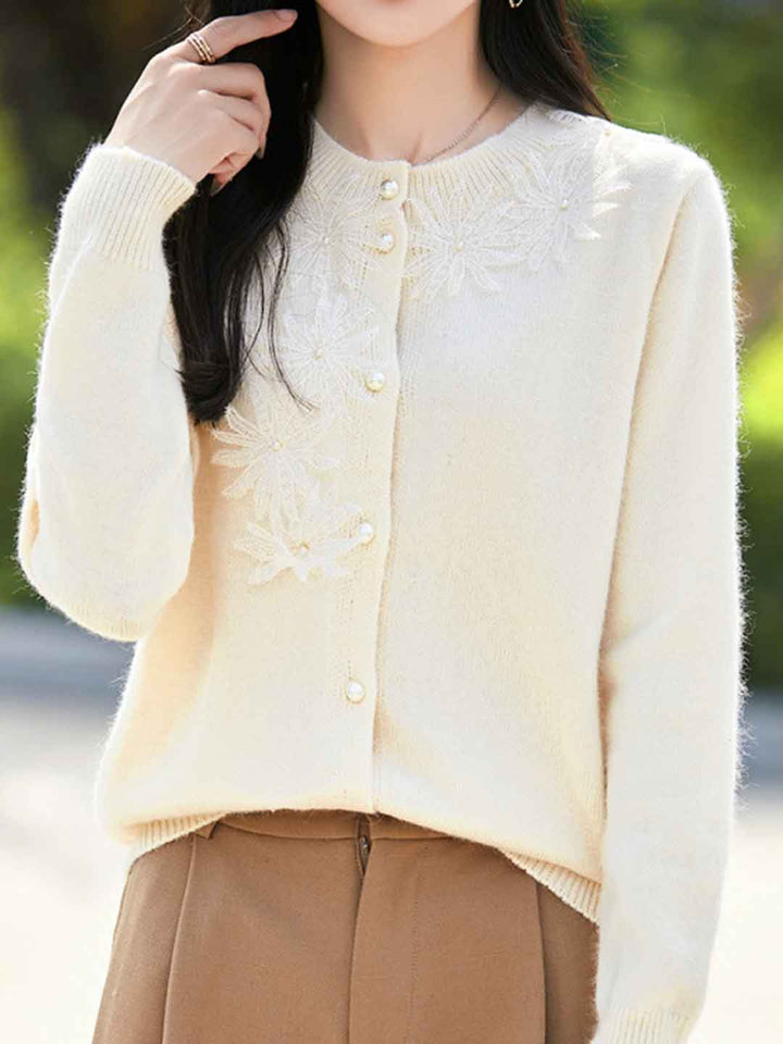 Sophie Classic Crew Neck Crocheted Solid Color Knitted Cardigan