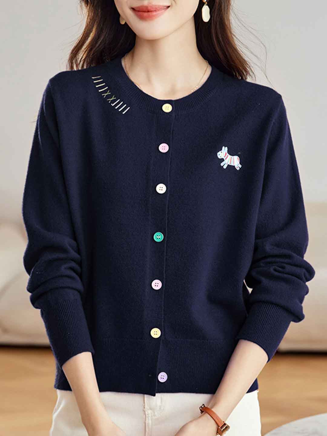 Camila Loose Crew Neck Embroidered Colorful Buttons Knitted Cardigan