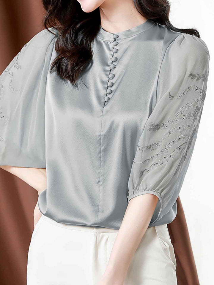 Taylor Loose Crew Neck Satin Embroidered Top
