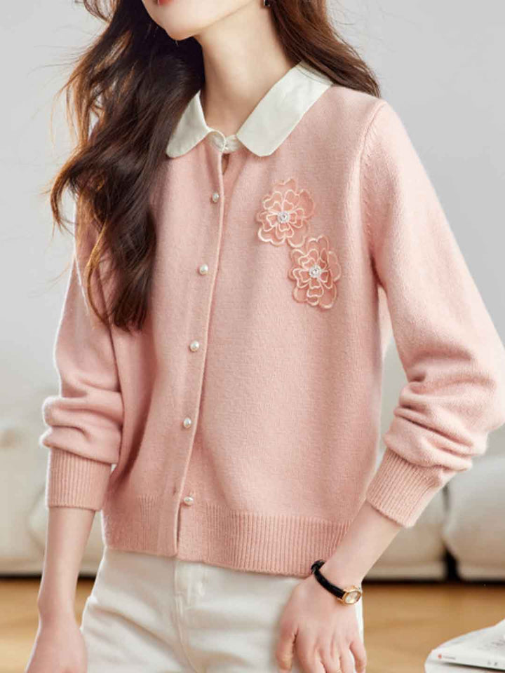 Kayla Crew Neck Flowers Beaded Knitted Cardigan