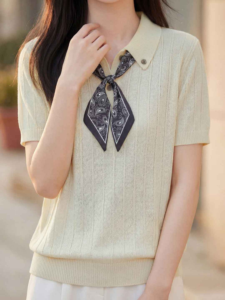 Mia Daily Lapel Solid Color Bow Knitted Top
