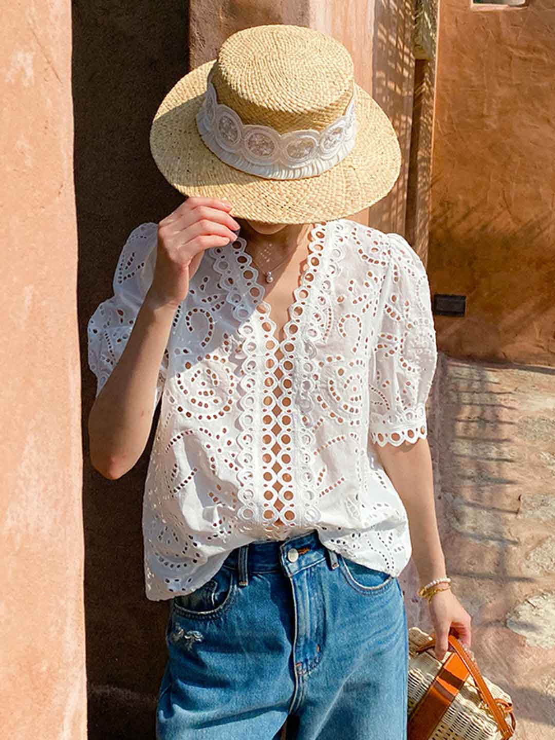 Claire Classic V-neck Embroidered Top