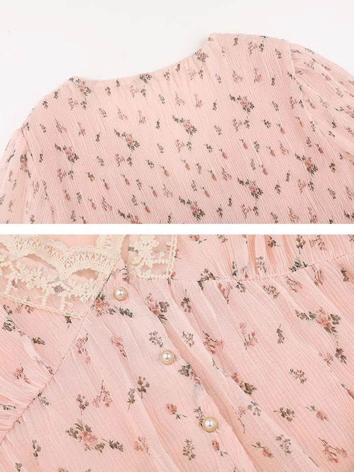 Lydia Retro V-Neck Lace Floral Chiffon Blouse