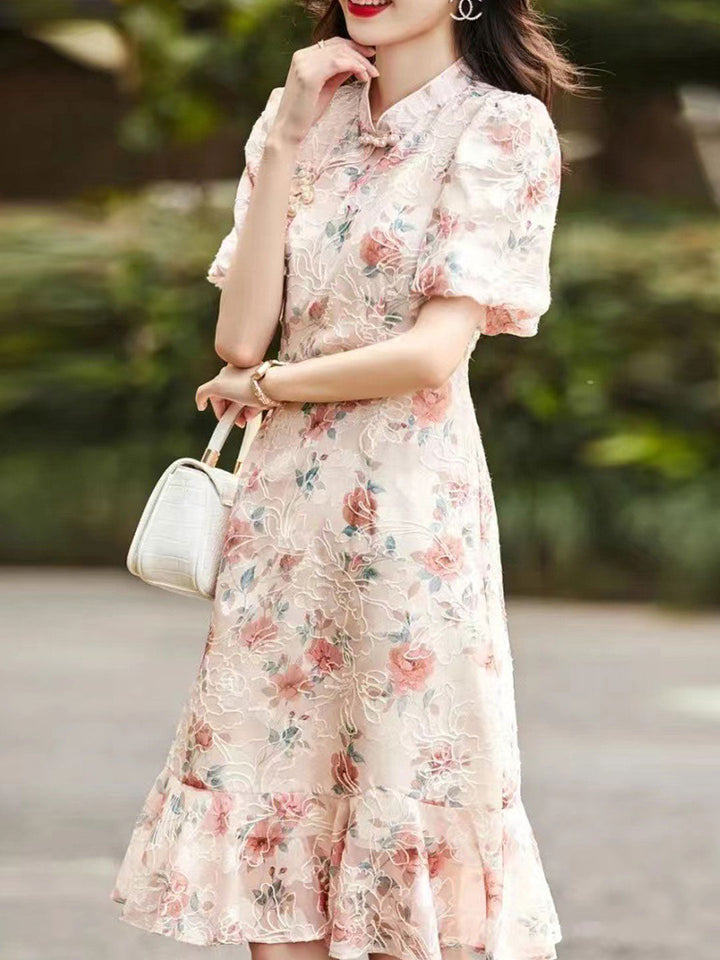 Emma Retro Puff Sleeve Embroidered Lace Dress