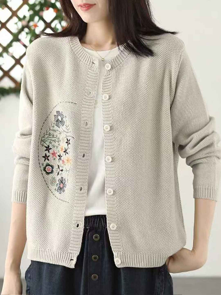 Anna Classic Crew Neck Embroidered Knitted Cardigan