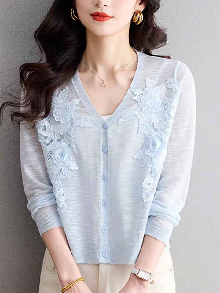 Zoe Elegant V-Neck Hollowed Embroidered Knitted Cardigan-White