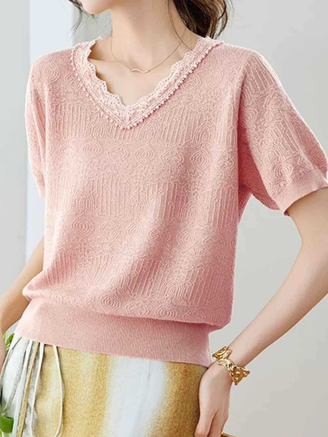 Abigail Classic V-Neck Lace Jacquard Knitted Top