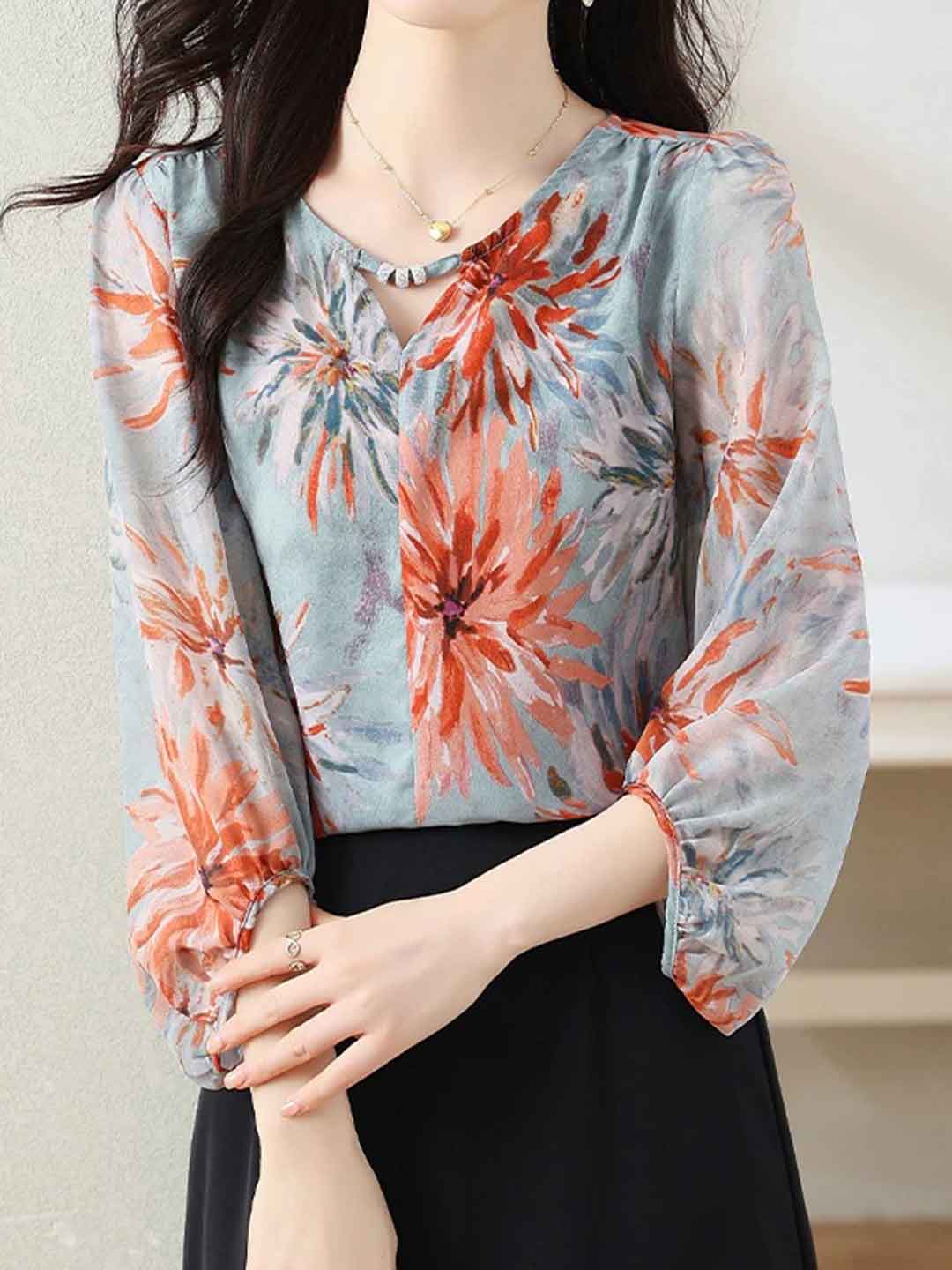 Ella Daily V-Neck Chiffon Floral Printed Blouse