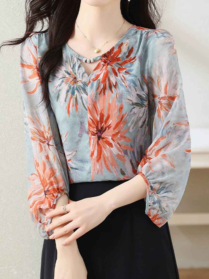 Ella Daily V-Neck Chiffon Floral Printed Blouse