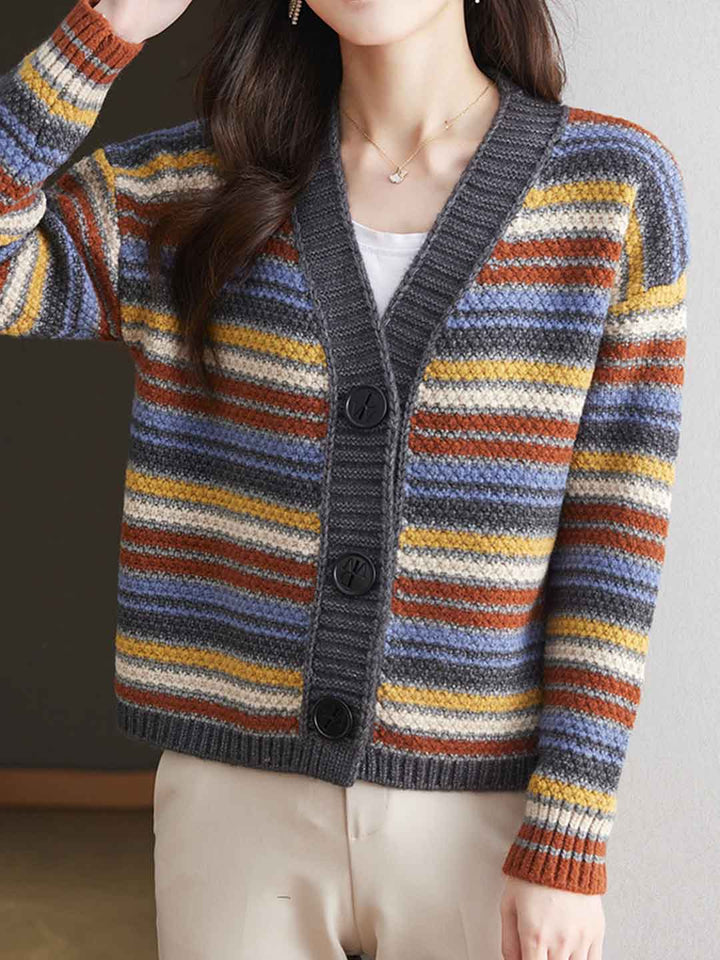 Sarah Classic V-Neck Striped Knitted Cardigan