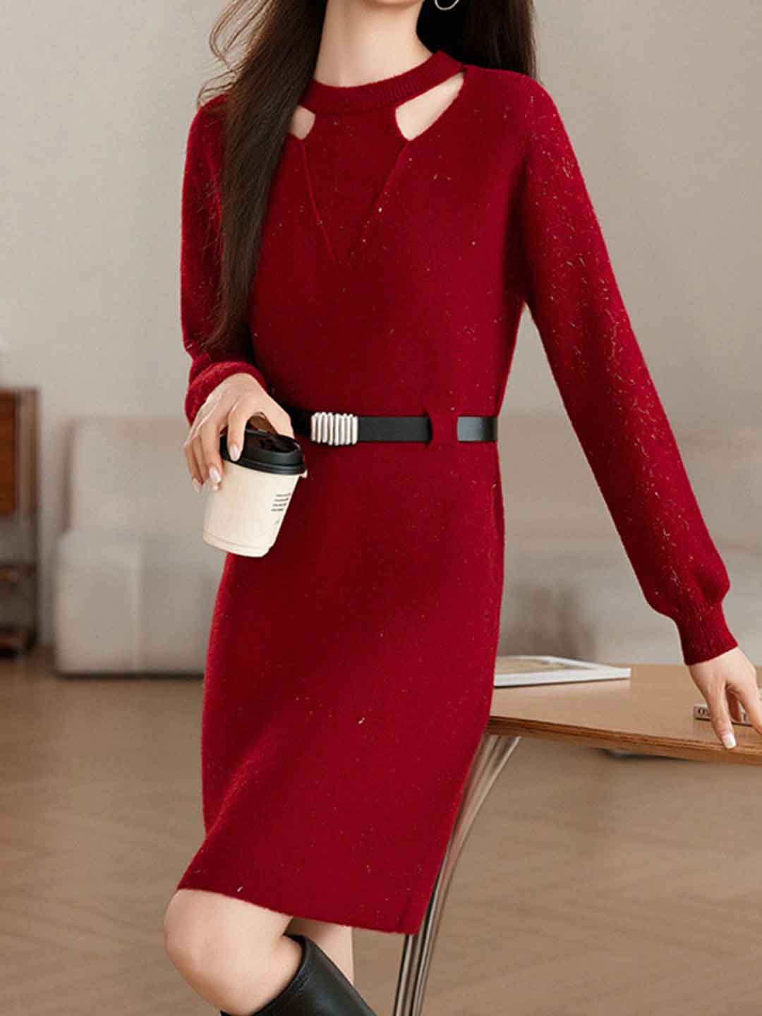 Sarah Elegant Crew Neck Hollowed Knitted Dress