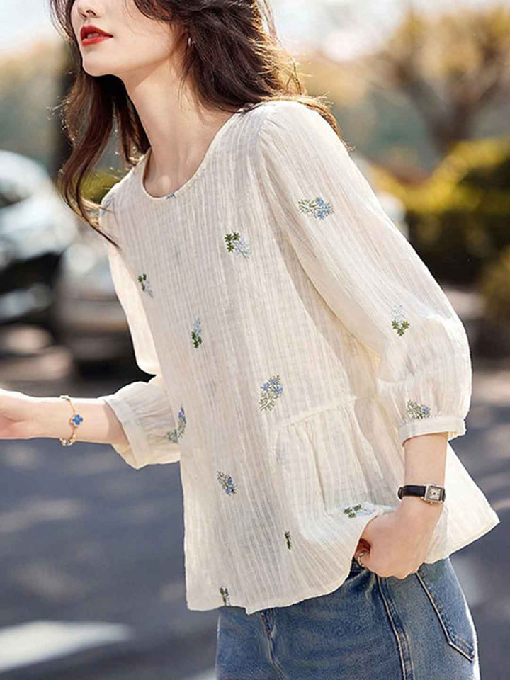 Emily Casual Crew Neck Embroidered Shirt
