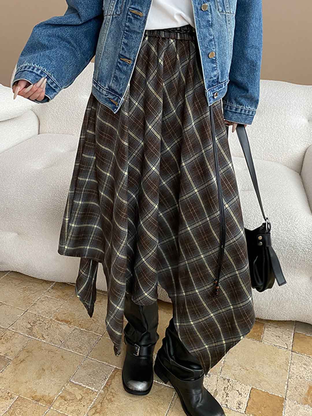Emily Irregular Color-Blocked Plaid Skirt