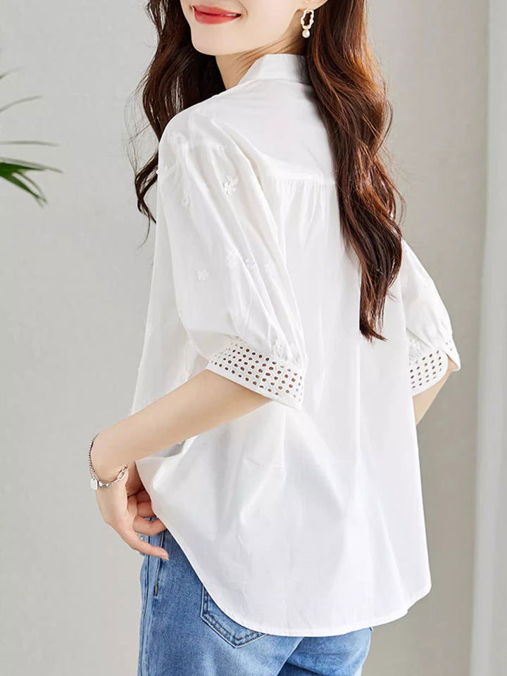 Brooke Classic V-Neck Puff Sleeve Hollowed Top