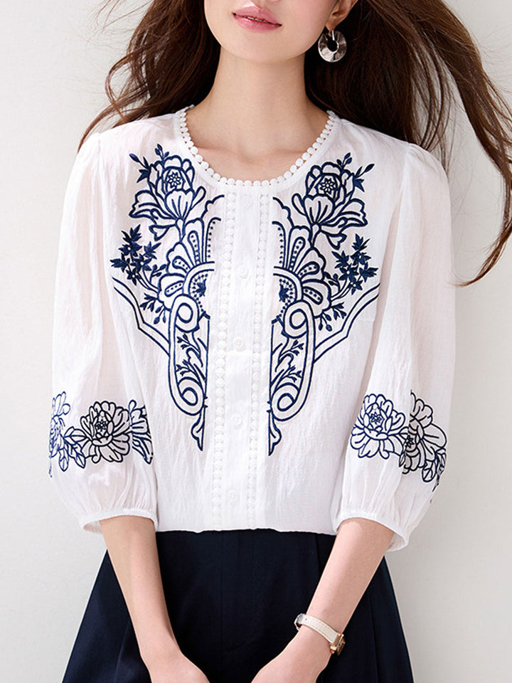 Elizabeth Retro Crew Neck Embroidered Linen Blouse