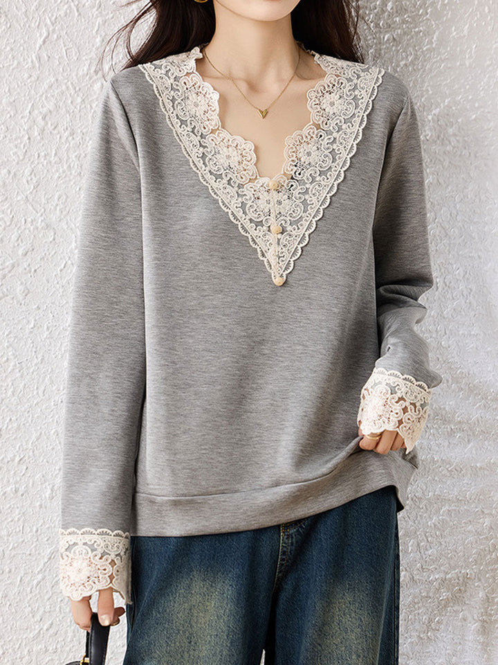 Brooke Loose V-Neck Lace Sweatshirt