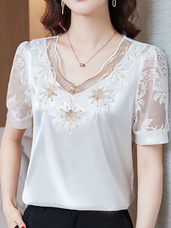 Peyton Classic V-Neck Satin Lace Chiffon Top