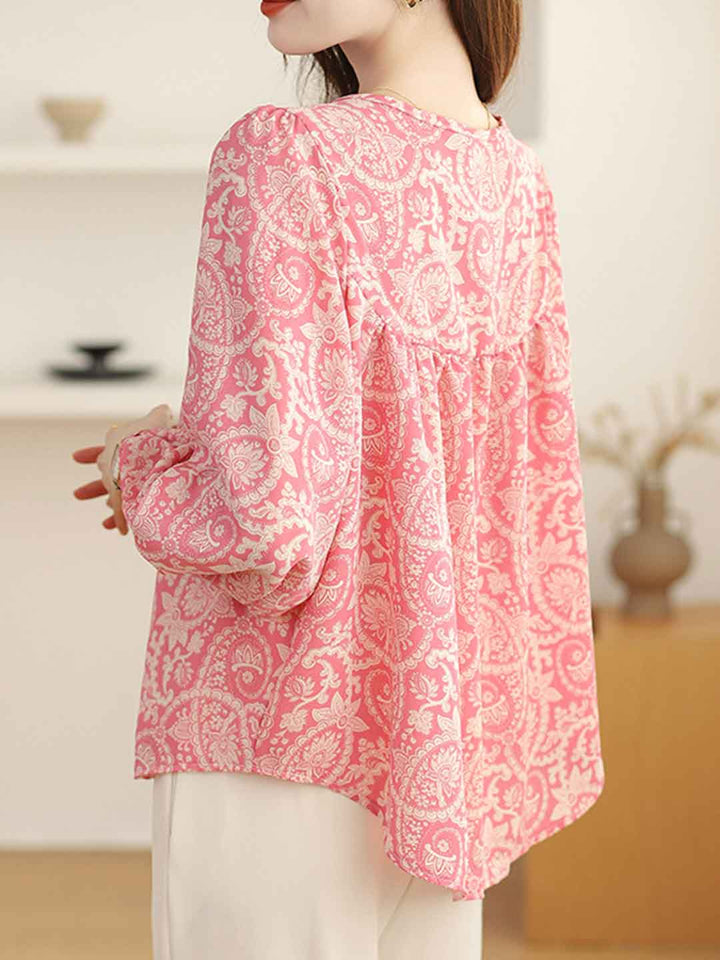 Olivia Loose Crew Neck Lantern Sleeve Floral Printed Top