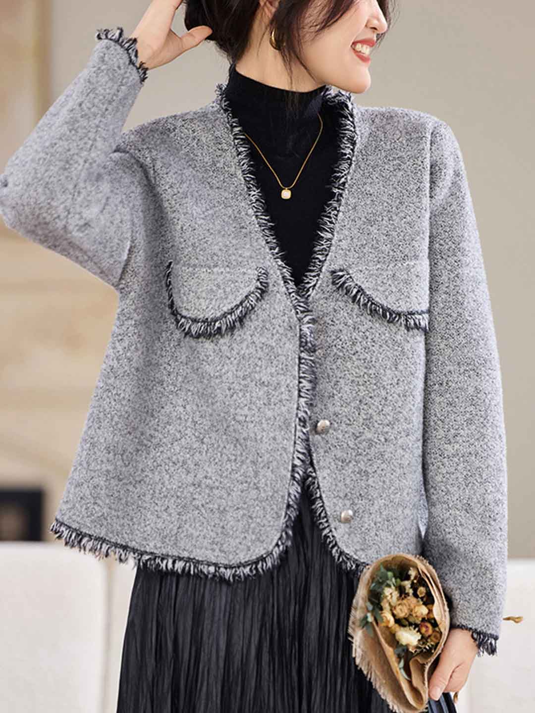 Emma Retro V-Neck Solid Color Tweed Coat