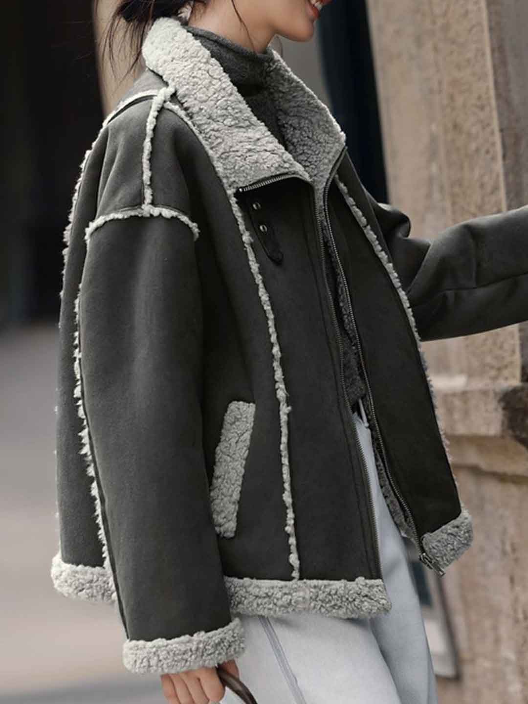 Natalie Retro Lapel Color-Blocked Suede Jacket