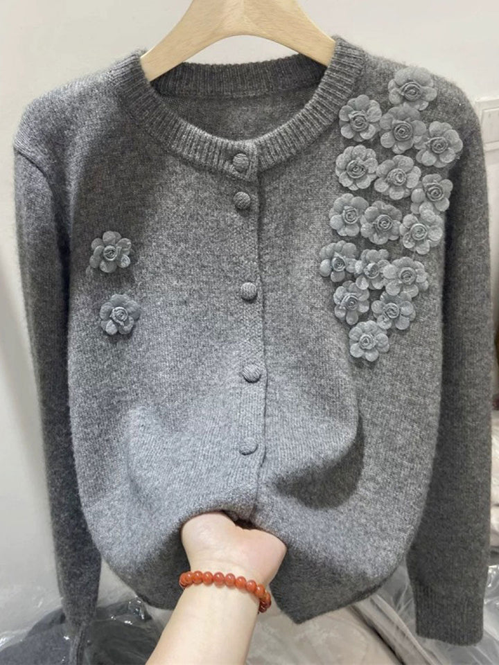 Aubrey Classic Crew Neck Flower Knitted Cardigan