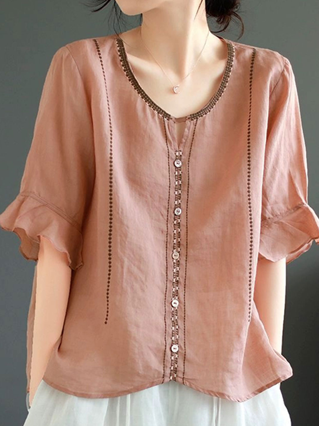 Faith Loose V-Neck Flare Sleeve Embroidered Top