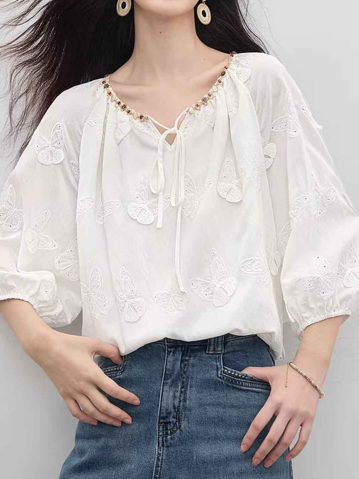 Olivia Retro Crew Neck Butterfly Embroidered Blouse
