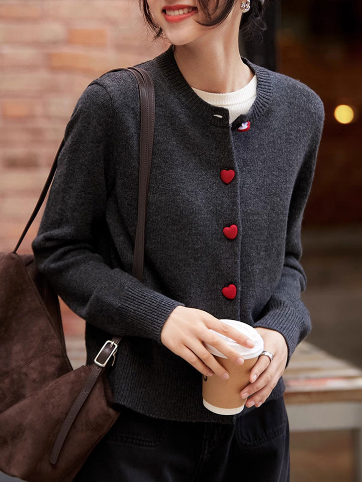Raya Elegant Crew Neck Heart Button Knitted Cardigan-Navy Blue