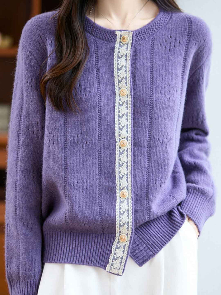Julia Loose Crew Neck Solid Color Lace Knitted Cardigan