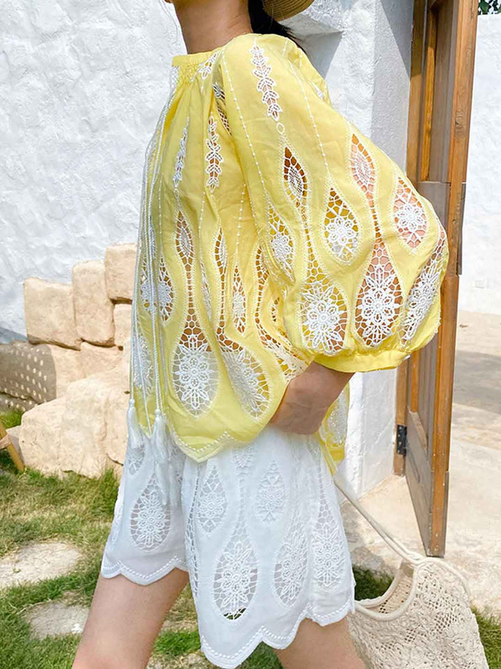 Peyton Vacation V-Neck Hollowed Embroidered Tie Blouse
