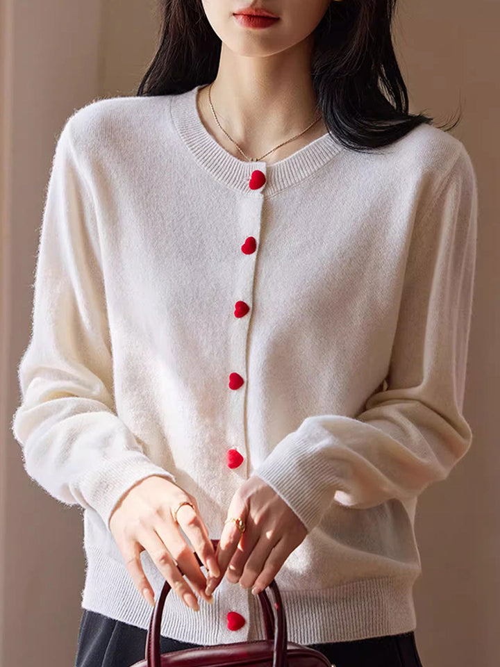 Raya Elegant Crew Neck Heart Button Knitted Cardigan-Pink