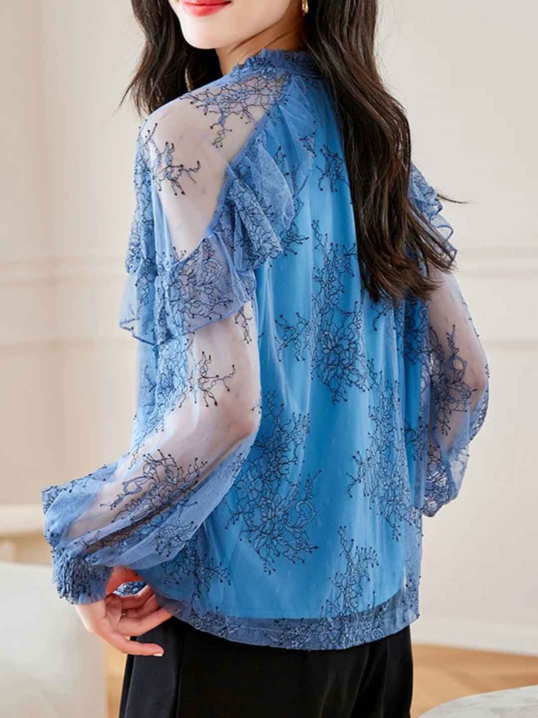 Grace Elegant Ruffled Collar Lantern Sleeve Lace Top