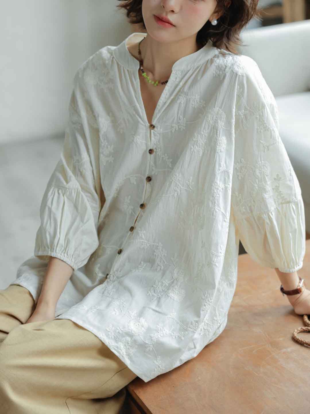 Camila Loose V-Neck Embroidered Top