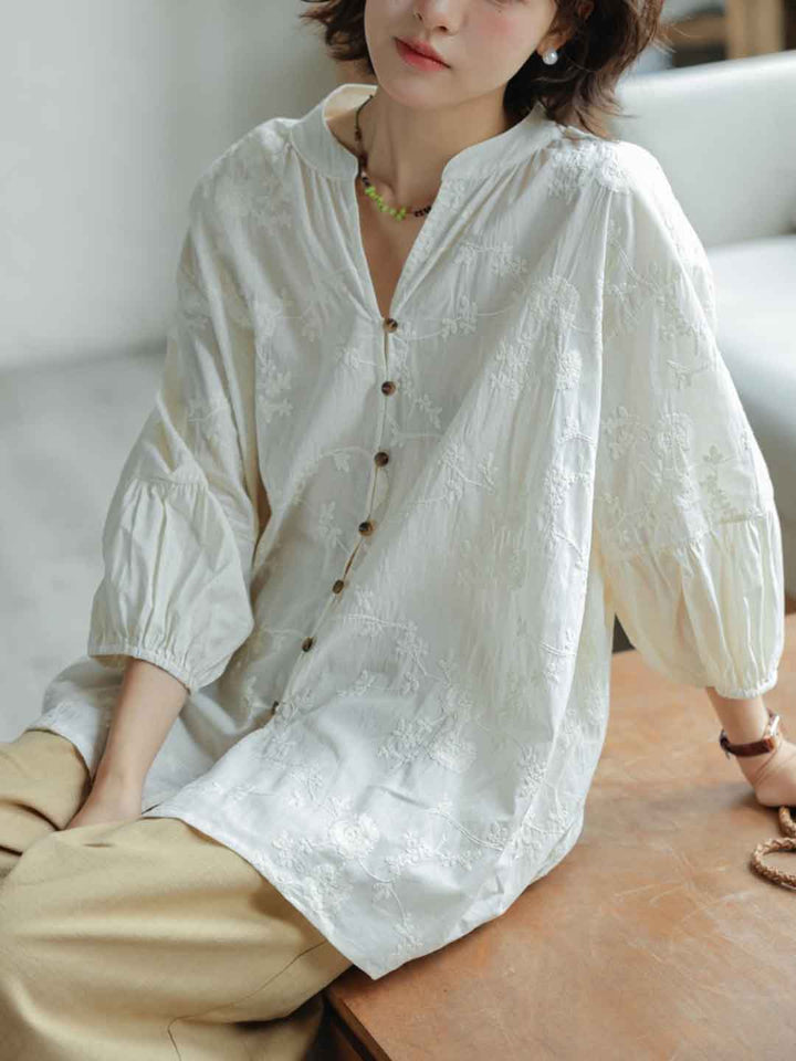 Camila Loose V-Neck Embroidered Top