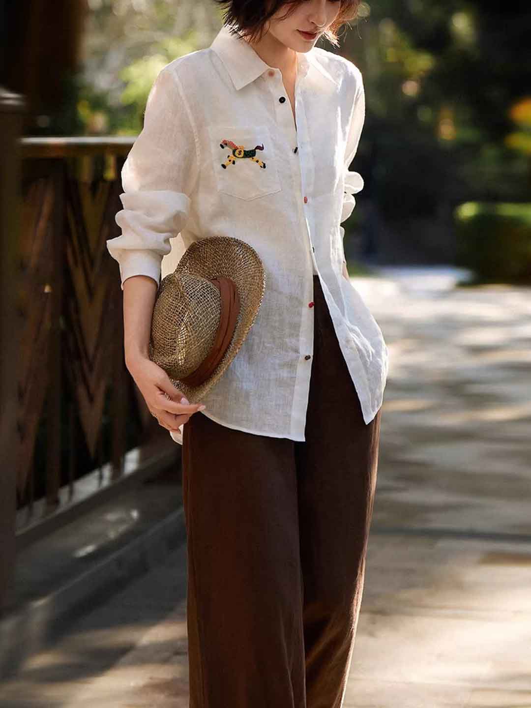 Ava Casual Lapel Embroidered Linen Shirt