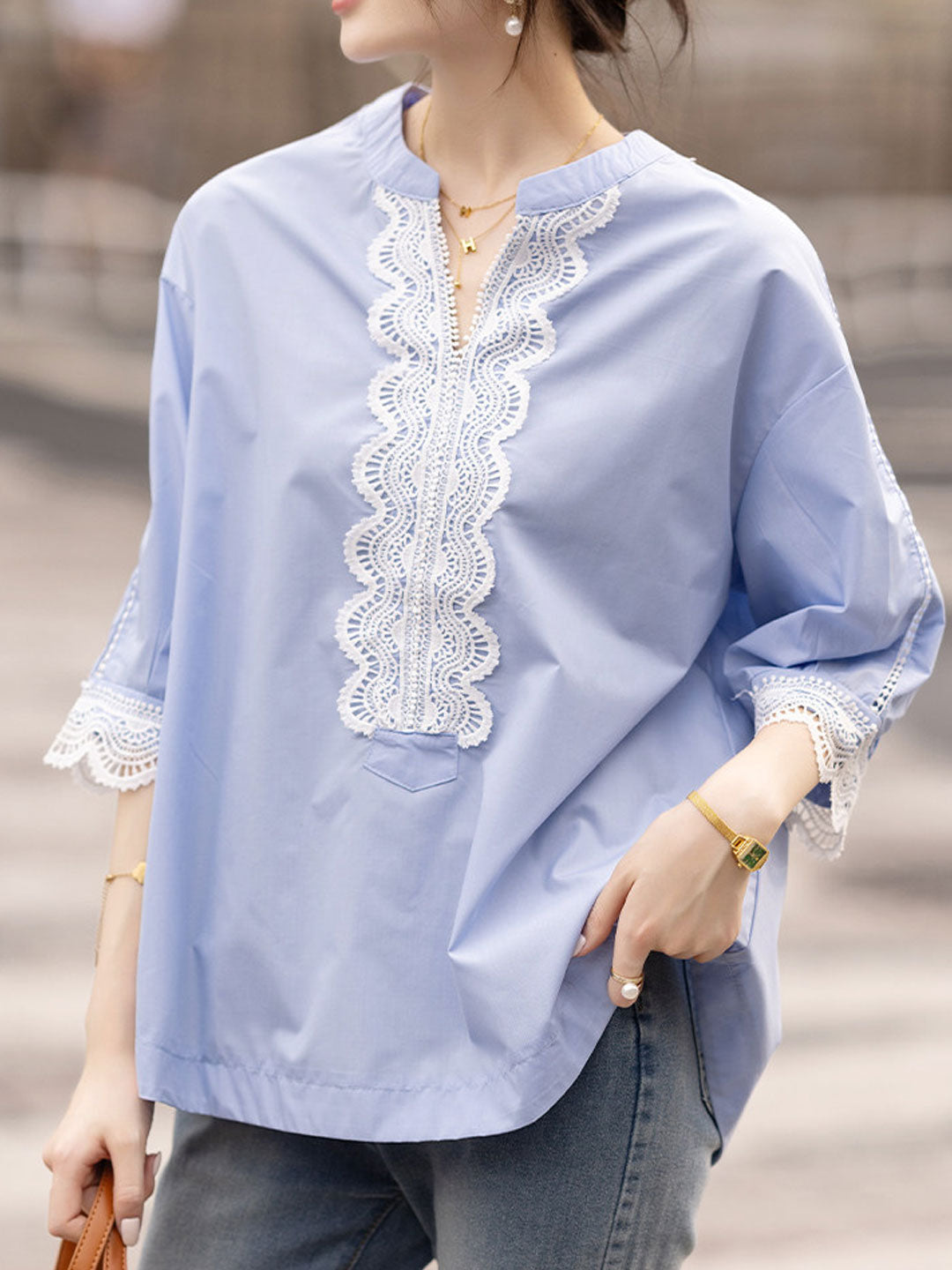 Emily Loose V-Neck Lace Trimmed Top