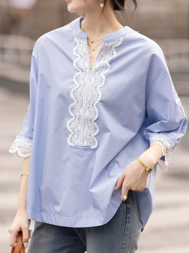 Emily Loose V-Neck Lace Trimmed Top
