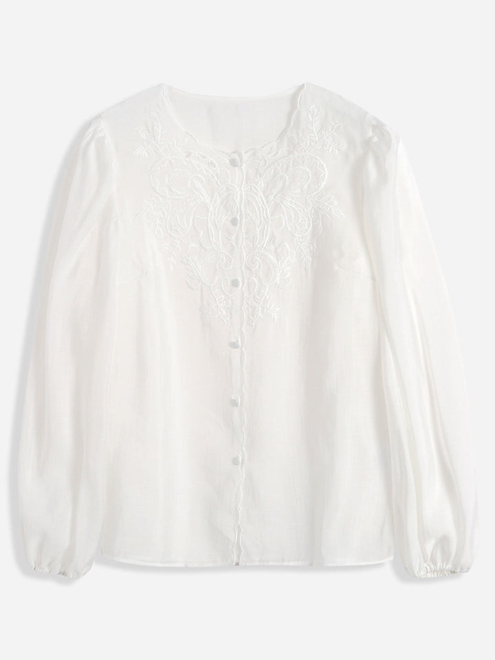 Jocelyn Elegant Embroidered Lantern Sleeve Shirt-Khaki